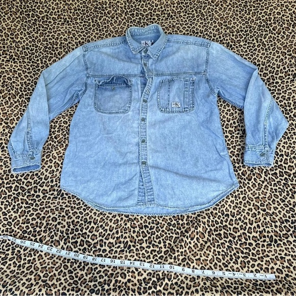 Vintage Medium Calvin Klein Light Wash Distressed Denim Long Sleeved Button Down - Picture 2 of 10